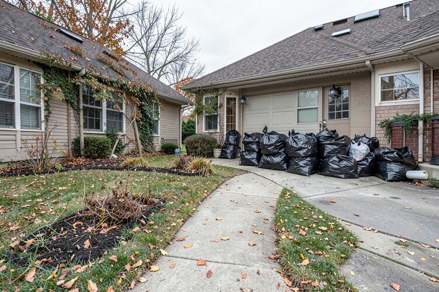 Residential property after a full yard cleanup with debris bagged and beds cleared
