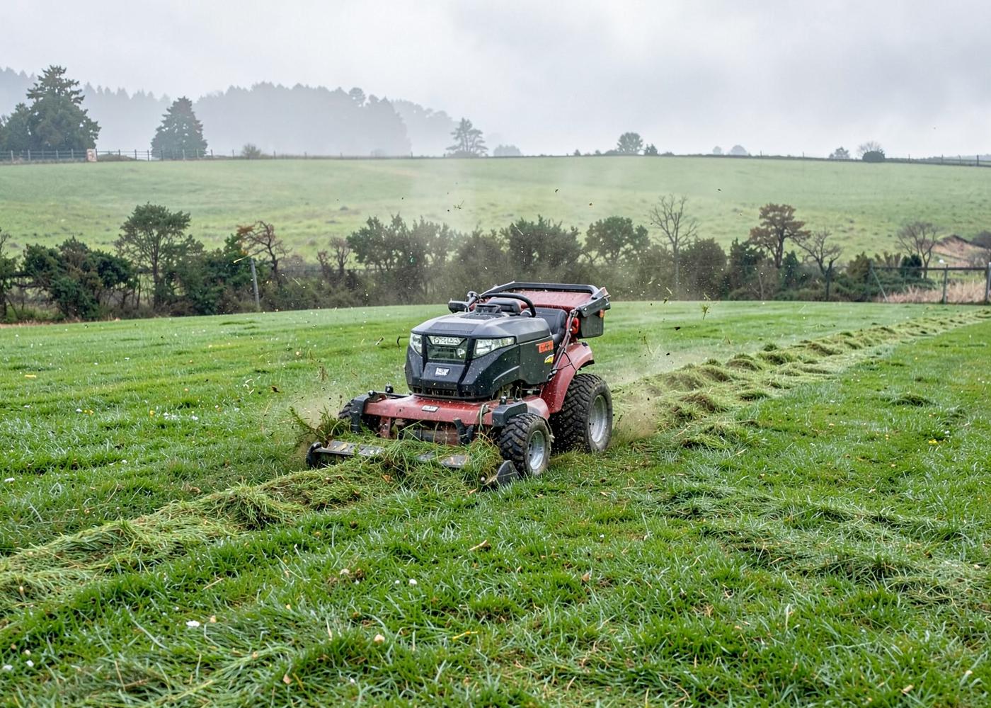 Mower cutting a wide green lawn in Salem, Oregon