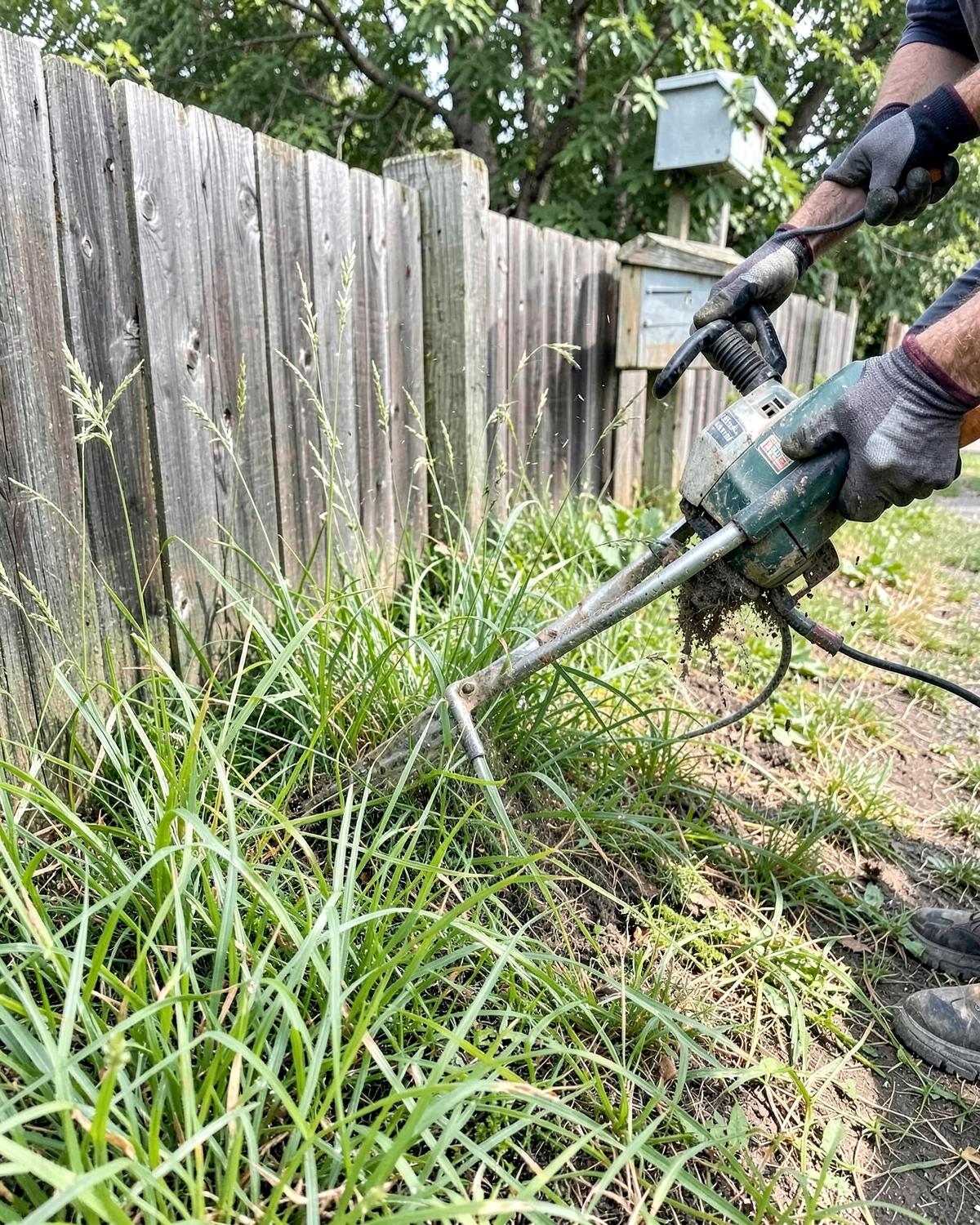 String trimmer cutting tall grass along a wooden fence line